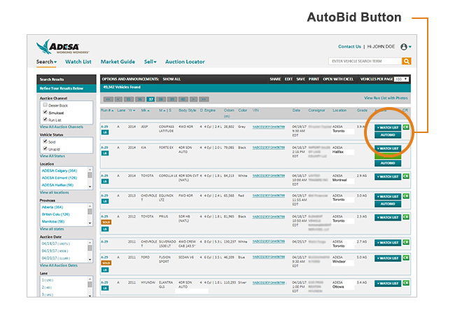 ADESA AutoBid bid buttons