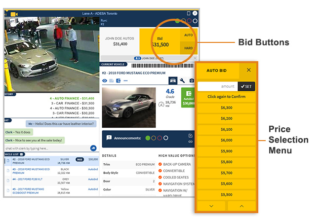 ADESA Simulcast bid buttons and price selection menu